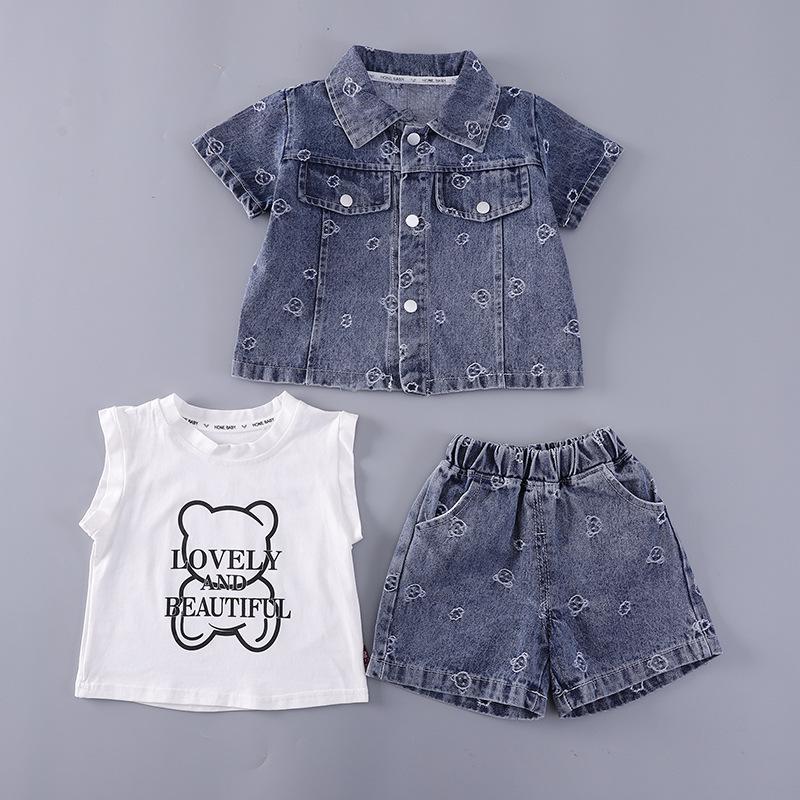 Dreiteiliger Sommeranzug im koreanischen Stil aus Denim-Jacquard für Mädchen