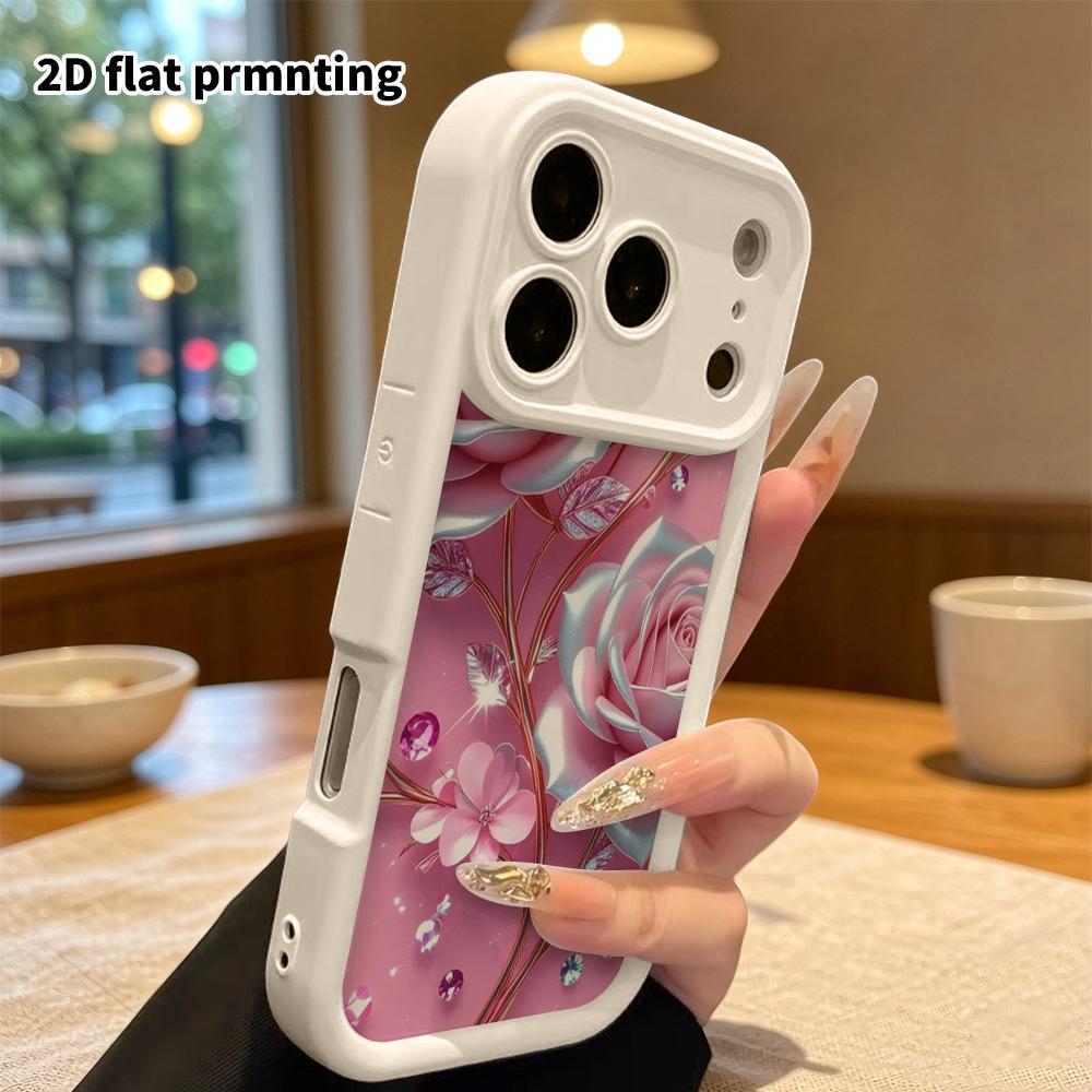 Phone Case: 2D Flat Design Suitable for iPhone 18 17 16 15 14 13 Pro Stepped Protective Case, Pink Silver Rose, Christmas and Halloween Gift