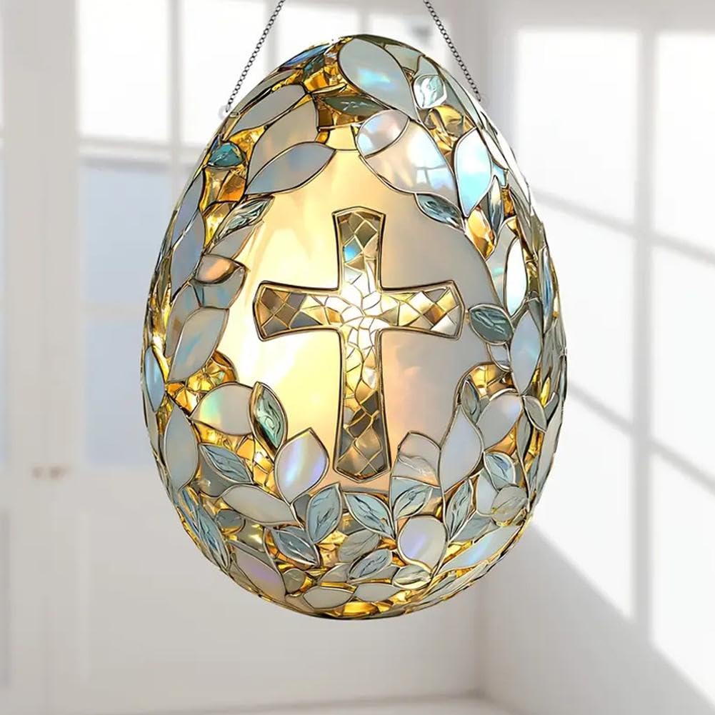 Decorative Easter Cross Egg Suncatcher Stained Glass Style Window Hanging 5.7 X 8.0 Inches Easter Hanging Holiday Window Decor