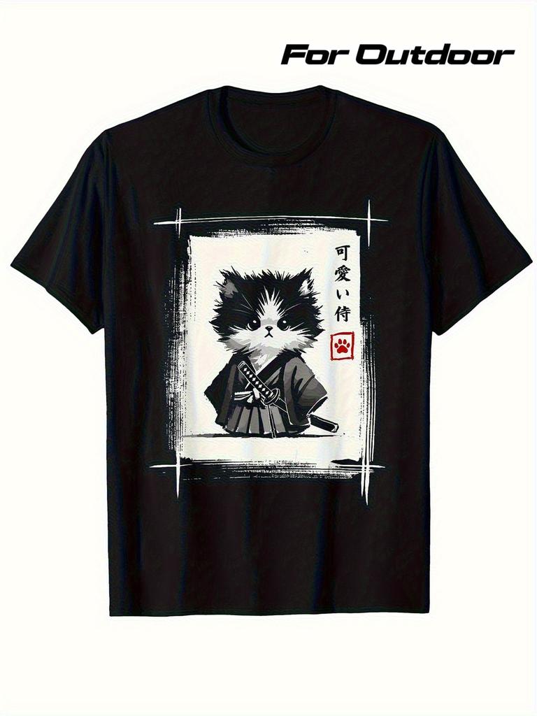 Men'S Samurai Cat Japanese Art Print T-Shirt, Black Casual Short Sleeve Round Neck for Summer Outdoor Activities & Parties, Machine Washable Anime T-S