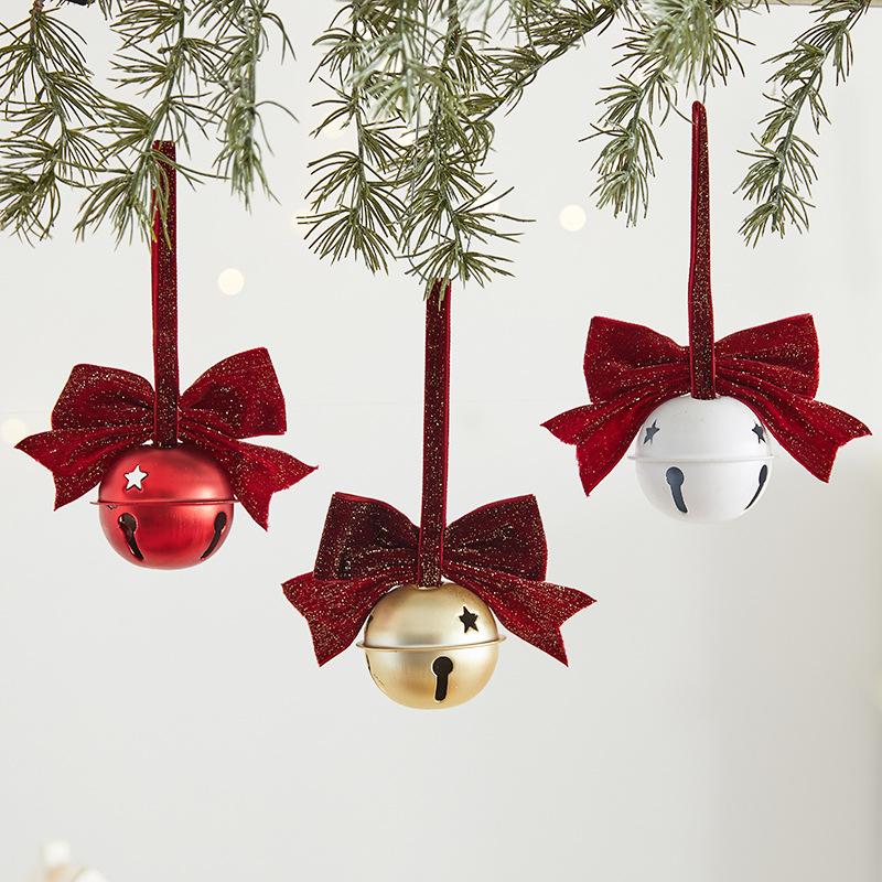 Christmas Creative Ornaments for Christmas Tree, Bow-shaped Ironwork Circular Bell Pendant, Festive Scene Decoration