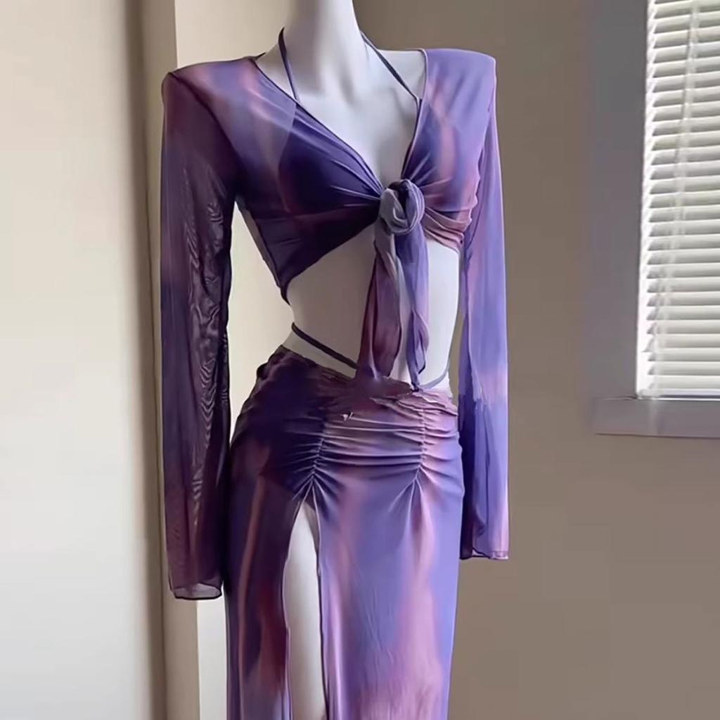 4Pcs Purple Long Dress Bikini Sexy Swimsuit for Women Soaking In Hot Springs New Sunscreen Cover for Beach Vacation