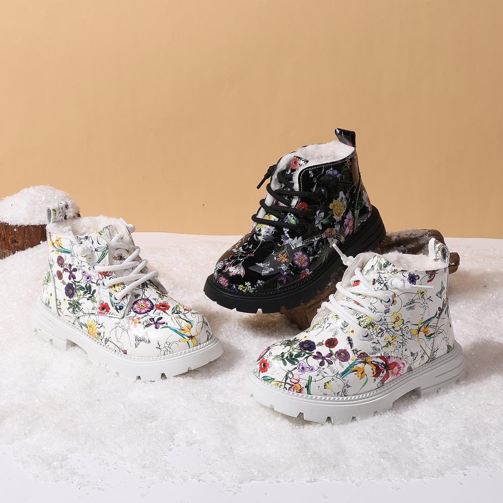 Winter Children Snow Boots For Girls Leather Flower Warm Plush Toddler Kids Shoes Non-slip Cotton Kids Boots
