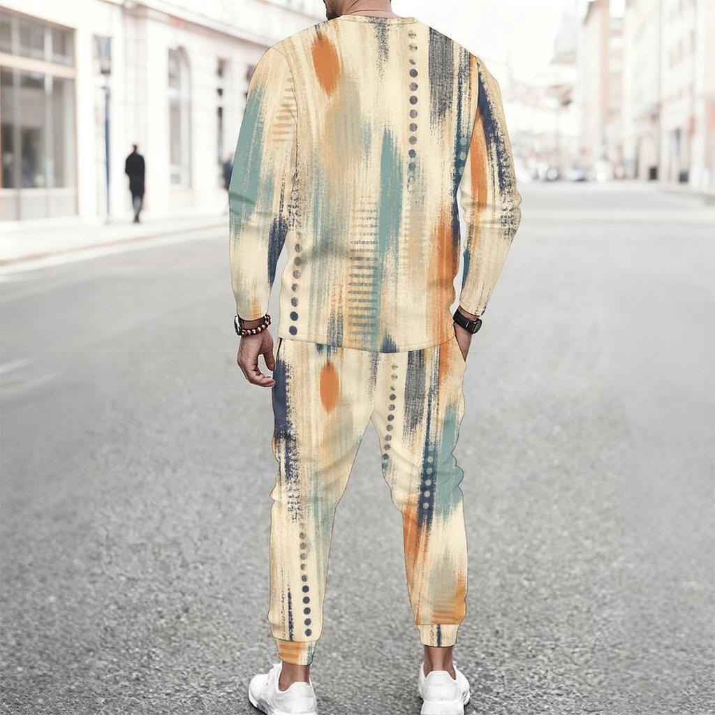 Men Plus Size Geometric Printed Casual Two Piece Set Round Neck Long Sleeve Top Cuffed Pants