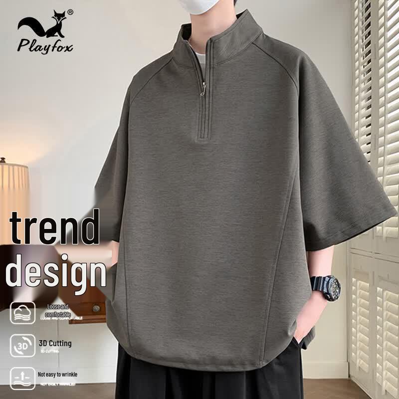 PLAYFOX Men s Stand Collar Half-Zip Short Sleeve T-Shirt 6XL темно-серого