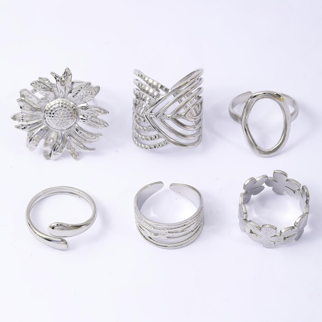 Stainless Steel Floral Hollow Out Ring Six Piece Set Stackable Design Stylish Simple Versatile Gift for Teenage Girls