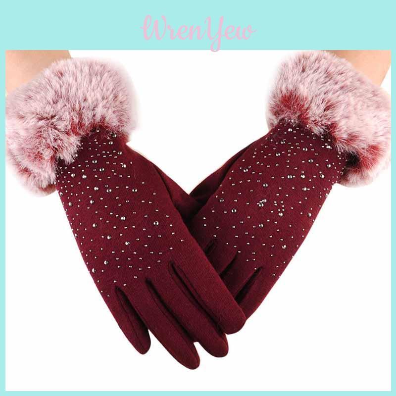 Luxurious Womens Fashion Winter Outdoor Sport Warm Fur Crystal Thick Finger Gloves Mittens