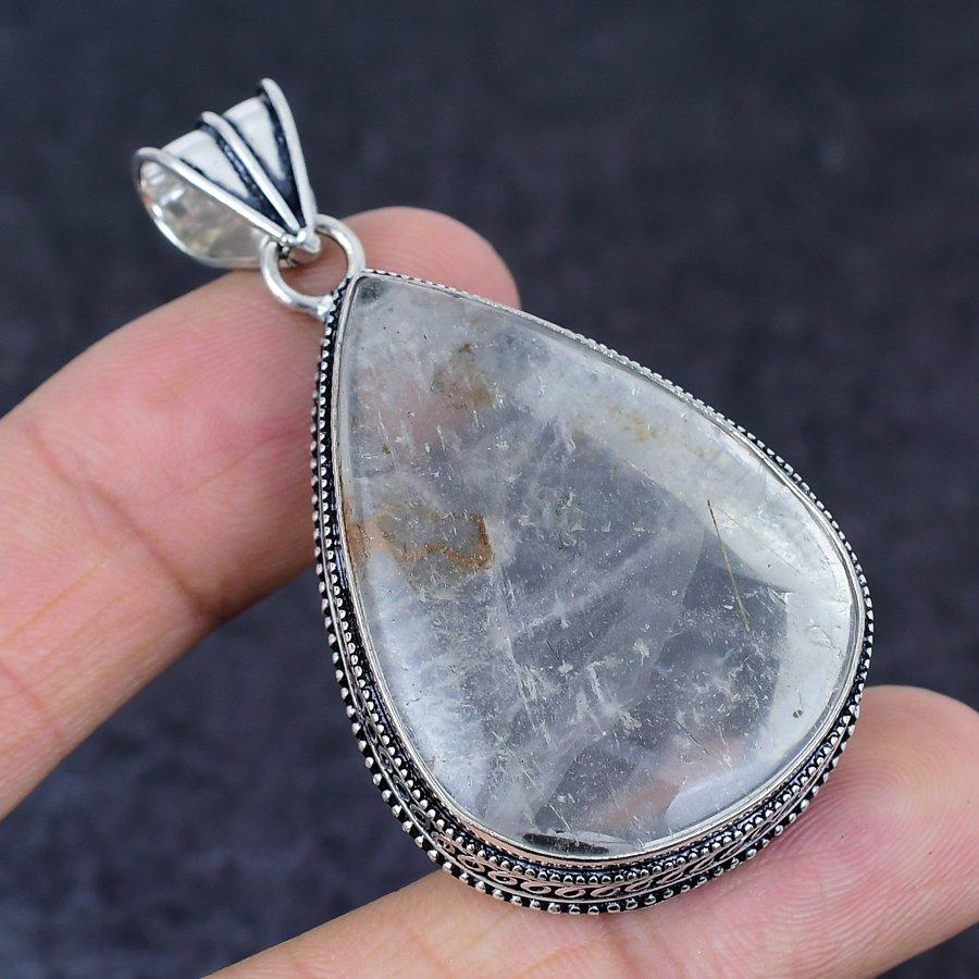 Crystal Quartz Gemstone Handmade 925 Sterling Silver Jewelry Pendant 2.36" Q6p49