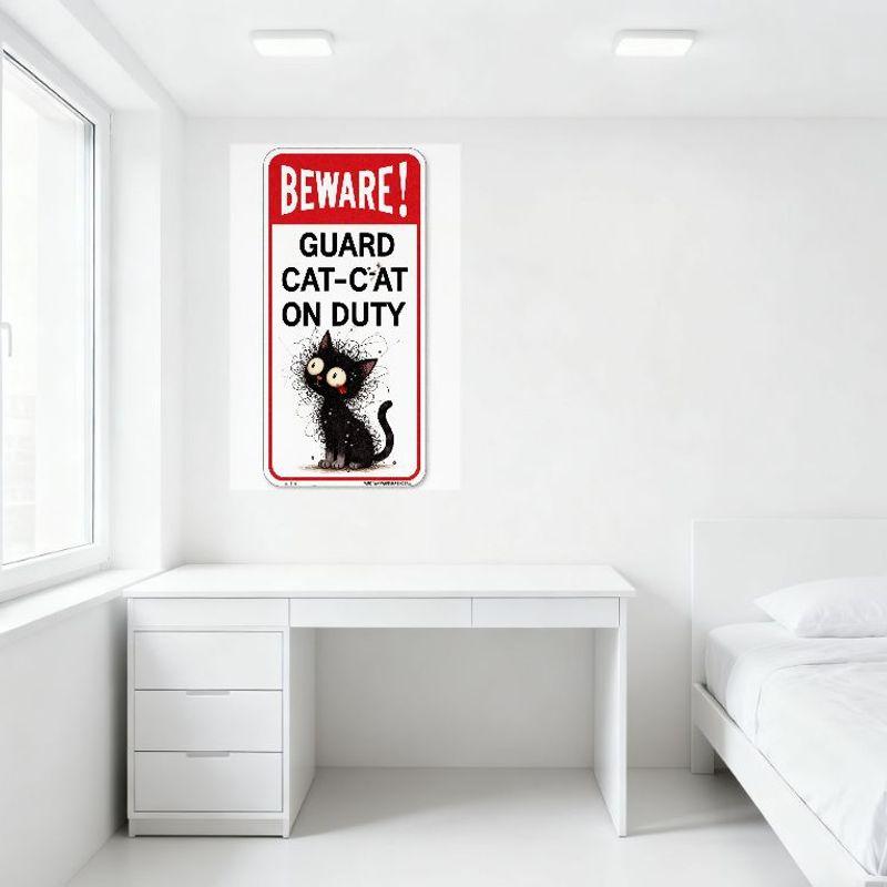 Beware Guard Cat-Cat On Duty Metal Tin Sign, Whimsical Black Cat Spiky Fur Design, Cute Warning Sign for Home Cafe Bar Man Cave