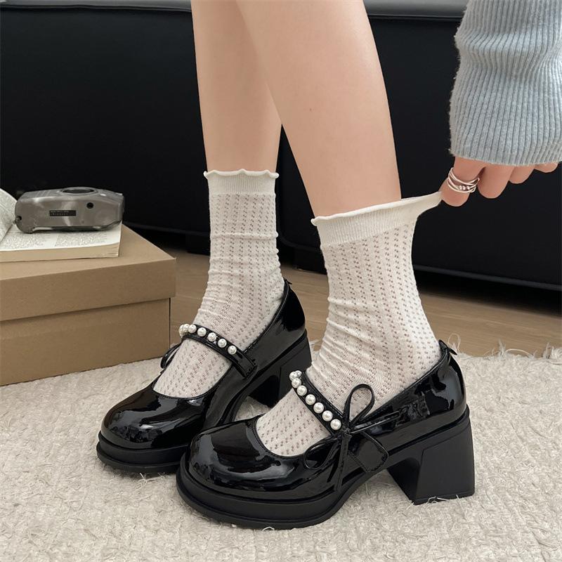 Black French retro rough high heel light mouth single shoes women's 2025 new summer with skirt bow Mary Jane shoes