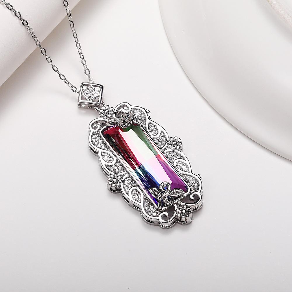 Silver Plated Marquise Cut Gradient CZ Pendant Necklace, Ornate Floral Vintage Cable Chain Necklace for Women