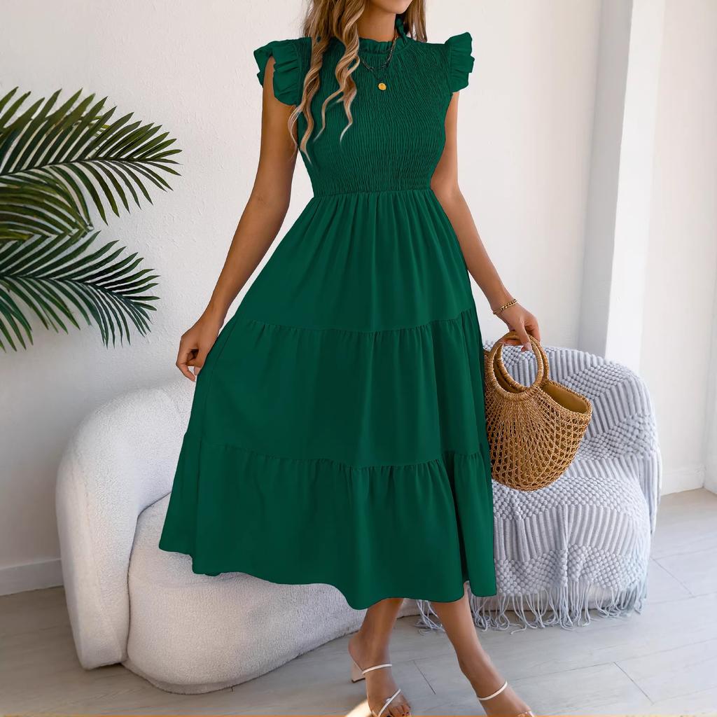 women's Ruffle Trim Smocked High Waist Midi Dress A Line Tiered Casual Summer Sundress