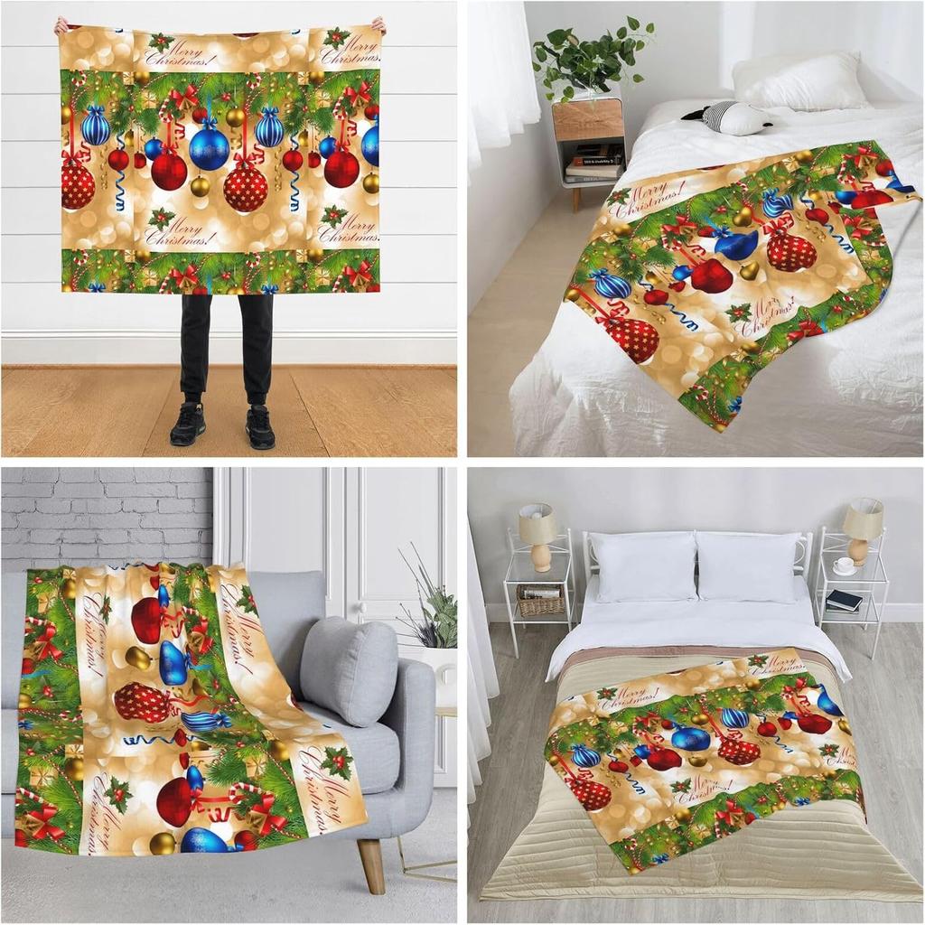 Christmas Ornament Balls Print Flannel Blanket Merry Xmas Soft Warm Throw Blanket Sofa Bed Holiday Home Decor Gift