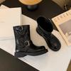 Leather Boots Short Boots Women's New Round Head Thick Heel Color Matching Locomotive Boots Belt Buckle Knight Boots