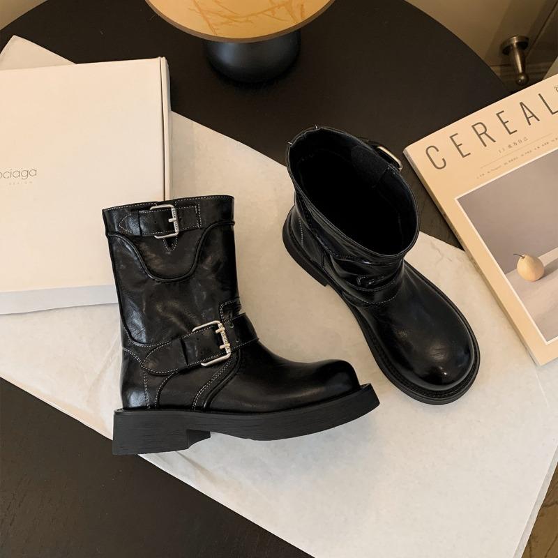 Leather boots short boots women's new round head thick heel color matching locomotive boots belt buckle knight boots