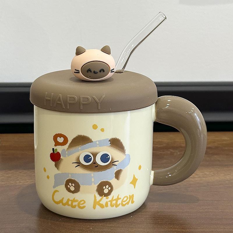 Cute Siamese Cat Ceramic Cup with Lid Girls Good-looking Drinking Water Cup Couple Ceramic Coffee Cup Birthday Gift
