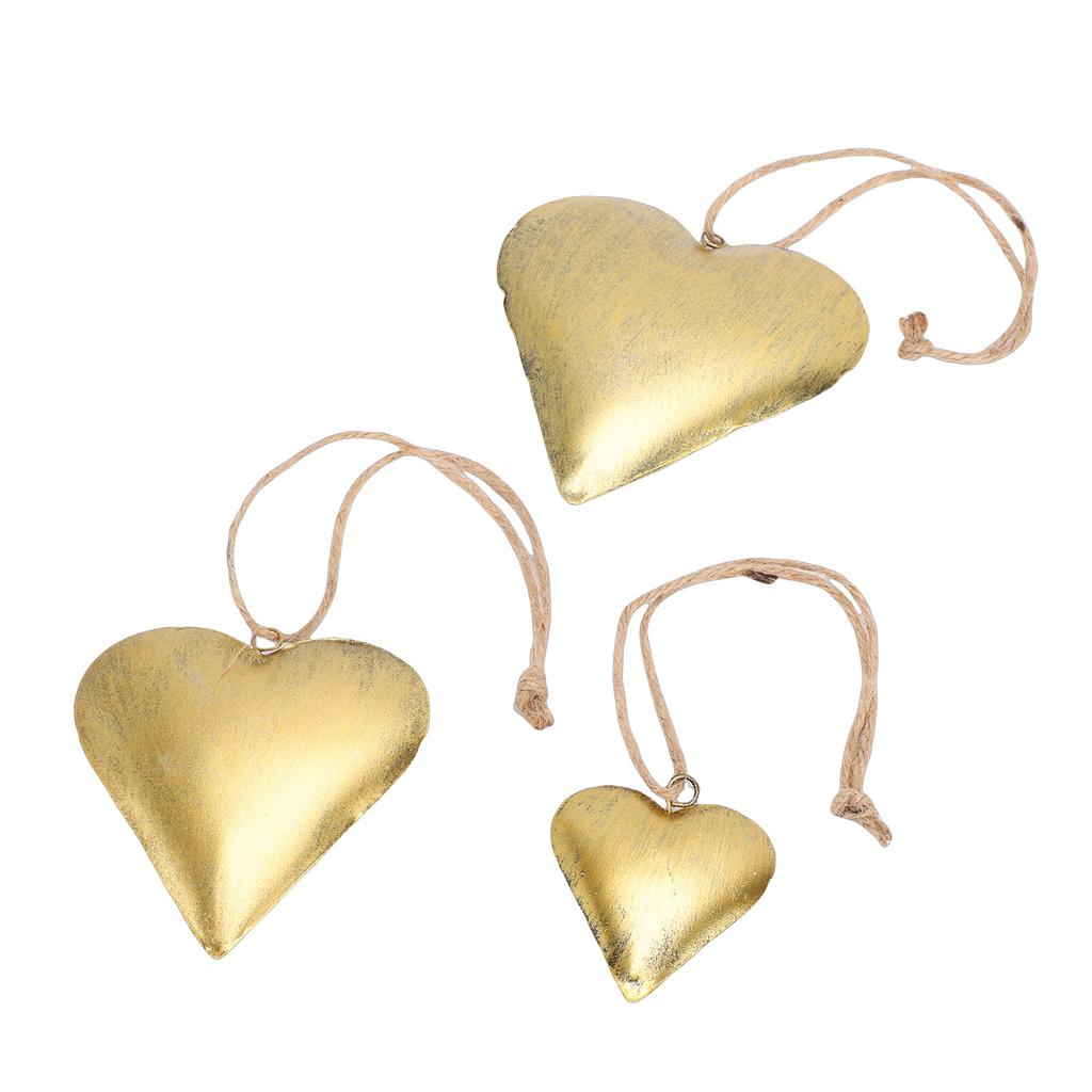 3Pcs Heart Shaped Decorative   3D Metal Brass Vintage Hanging Ornament Valentine Day Decoration Wall Art with Rope for Home Indoor Outdoor