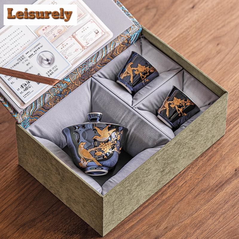 999 Gilded Silver Tea Set Complete Set Vintage Flower And Bird Tea Ceremony Set Teapot And Tea Cup Set Drinkware Decoration Gift