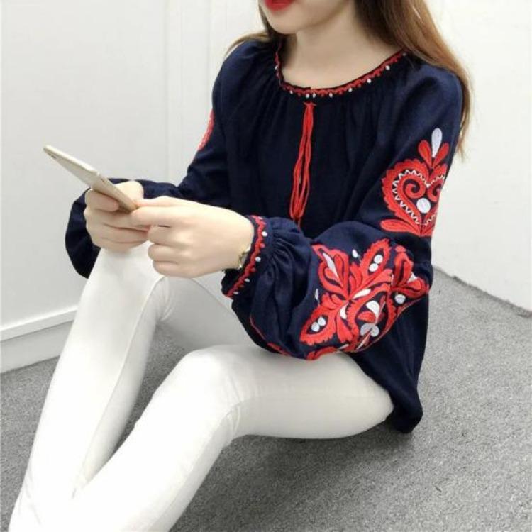 Women Summer Blouse Ethnic Embroidered Pullover Top Round Neck Lantern Sleeve Loose Fit Tunic Shirt