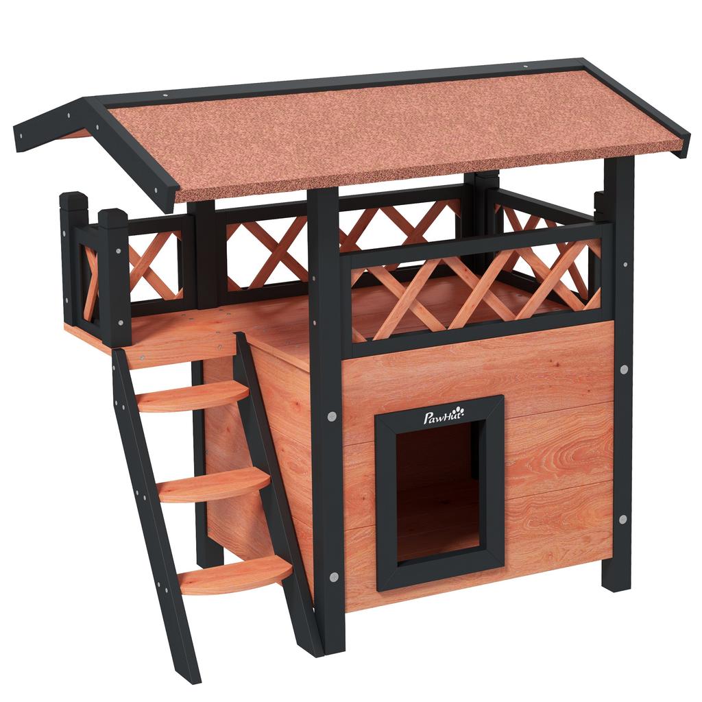 Cat House Outdoor W/ Balcony Stairs Roof, 77 X 50 X 73 Cm, Brown