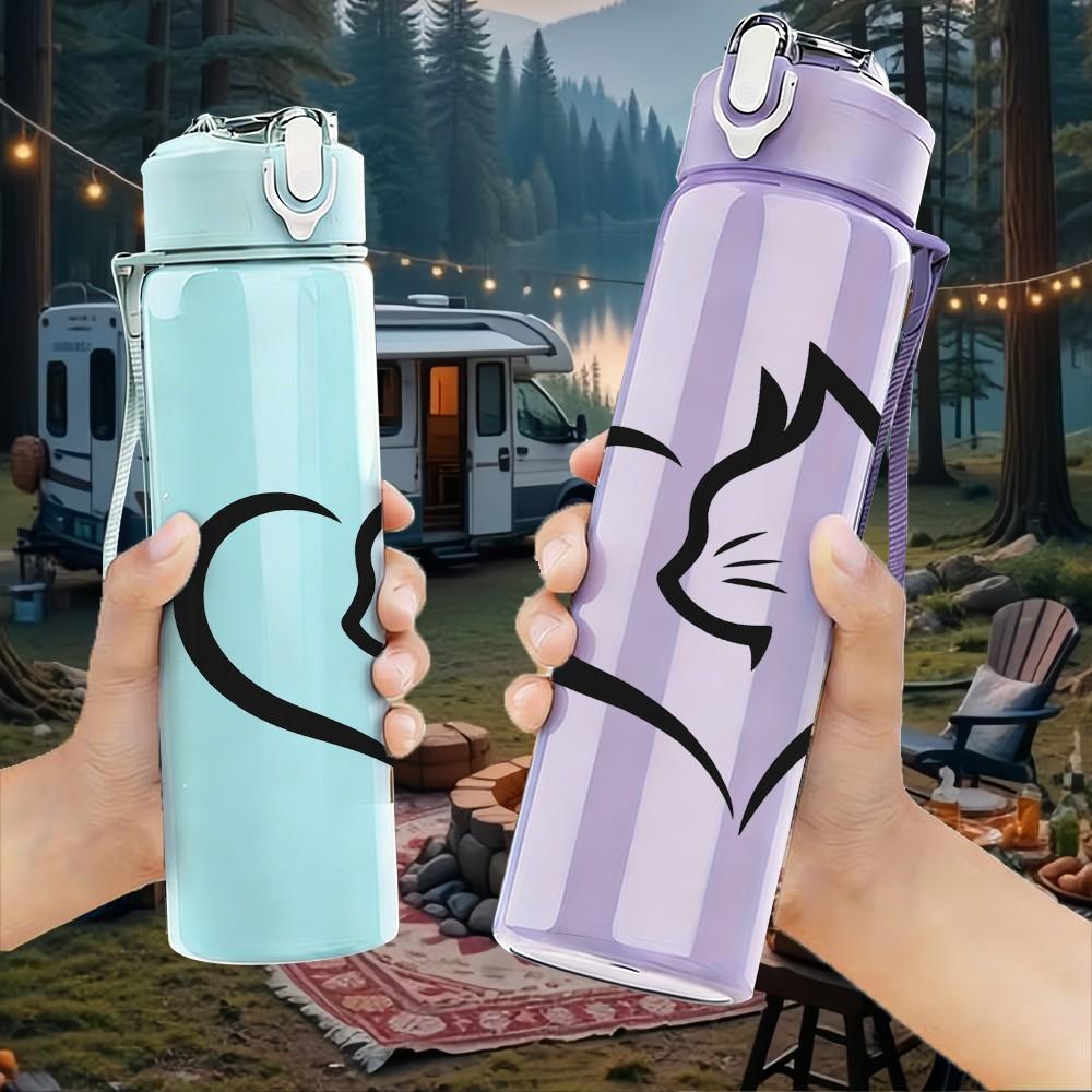 1PC Cat Head Outline Heart Silhouette 750ml Color Plastic Sports Water Bottle Leakproof Flip Straw Lid Suitable for Sports Office Home Use