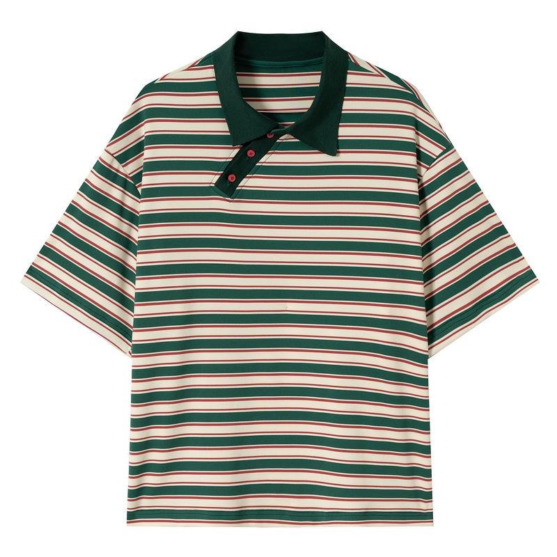 American retro oblique placket striped polo shirt short-sleeved t-shirt men s summer loose casual design oblique button M зелёный