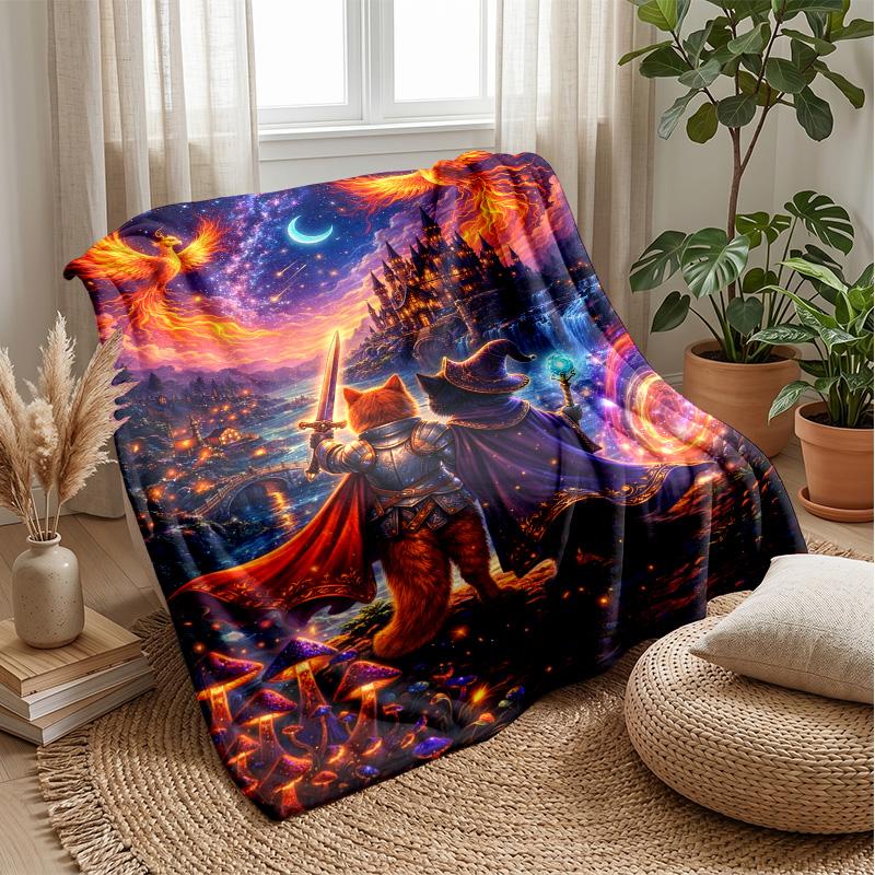 Fantasy Cats and Castles Theme Blanket Lightweight Warm Flannel Blanket Decorative Throw Blanket for Home Decoration