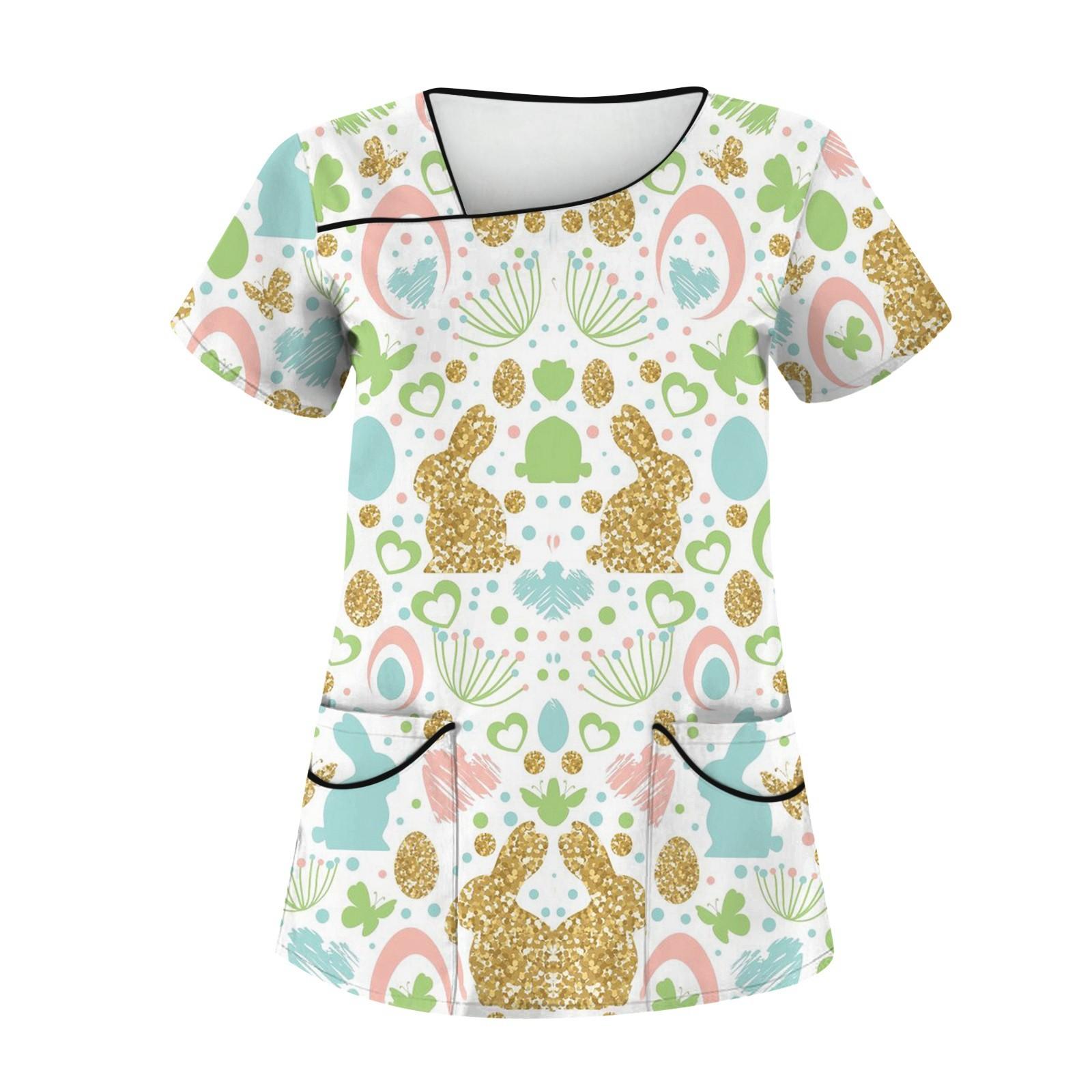 

Женская модная полосатая градиентная рабочая одежда с пасхальным принтом и короткими рукавами с двойными карманами XXXL циан