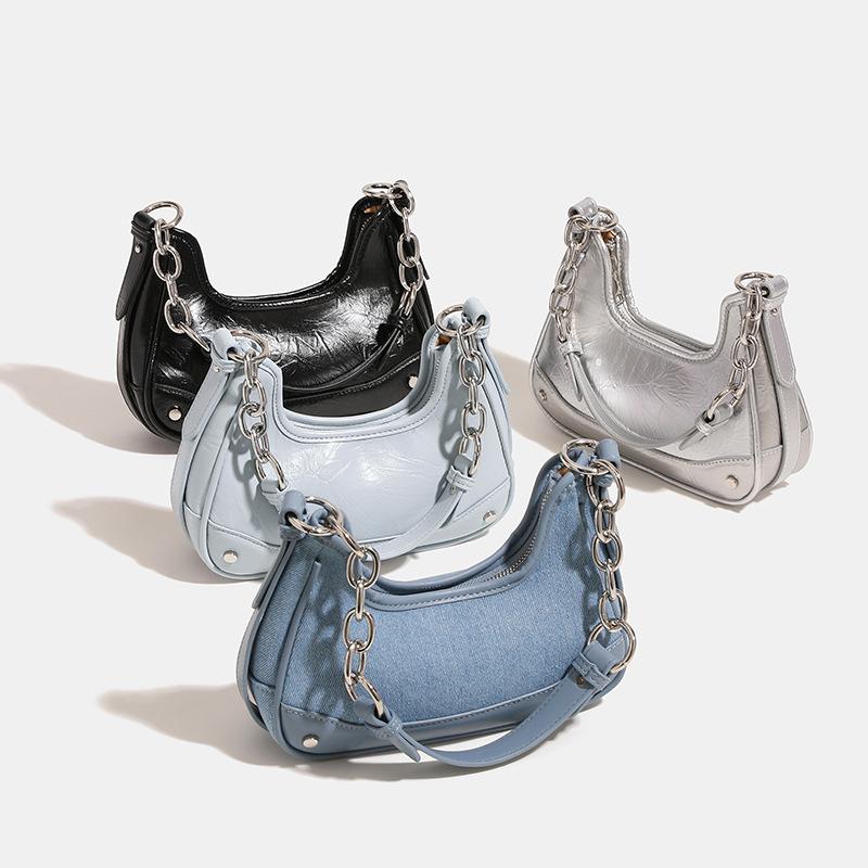 Charm Magnetic Field Niche Chain Denim Armpit Bag New High-end Style Spicy Girl Style Silver Shoulder Crossbody Bag