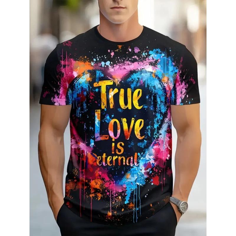 Letni T-shirt męski z krótkim rękawem, modny, casualowy, z nadrukiem 3D wzoru 'Love' i okrągłym dekoltem