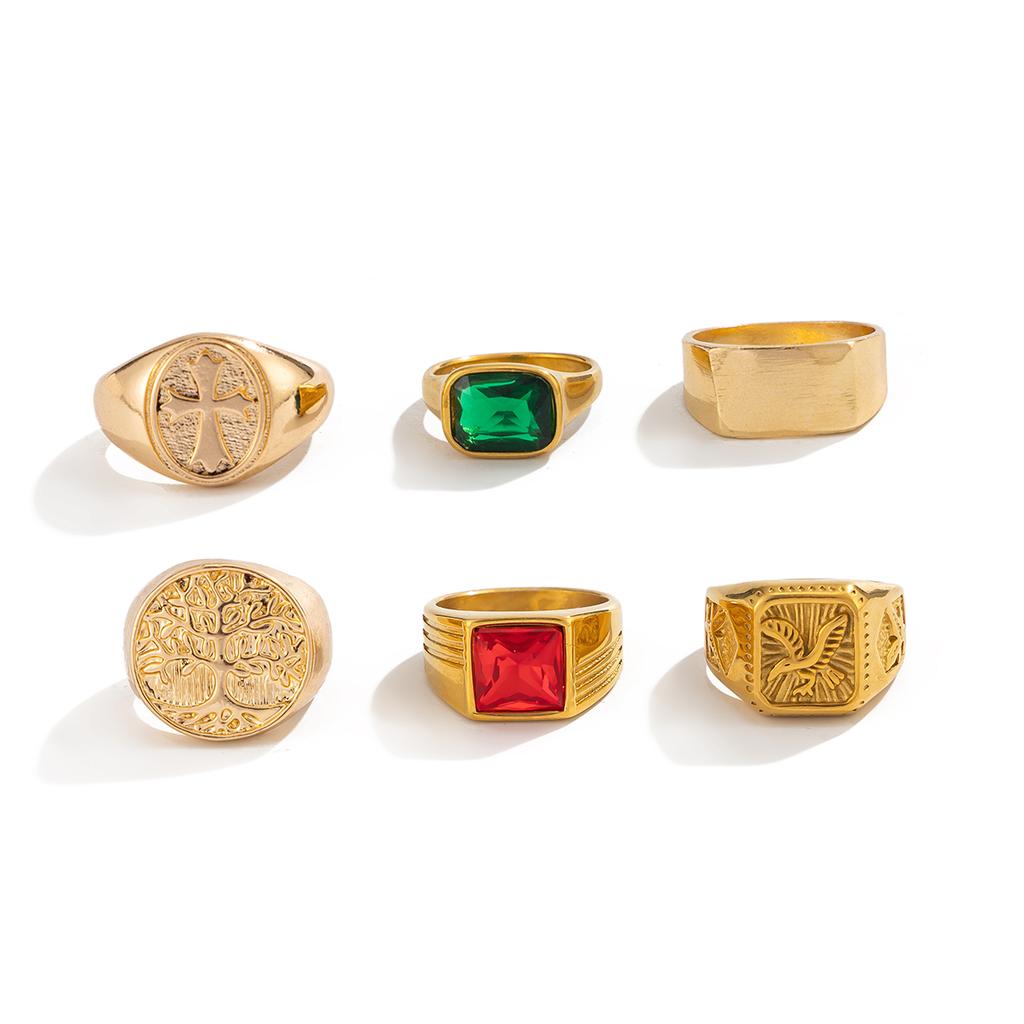 Salircon 6Pcs/Set Retro Gold Color Signet Chunky Rings Men Hip Hop Punk Acrylic Rhinestone Finger Ring Party Jewelry Accessory