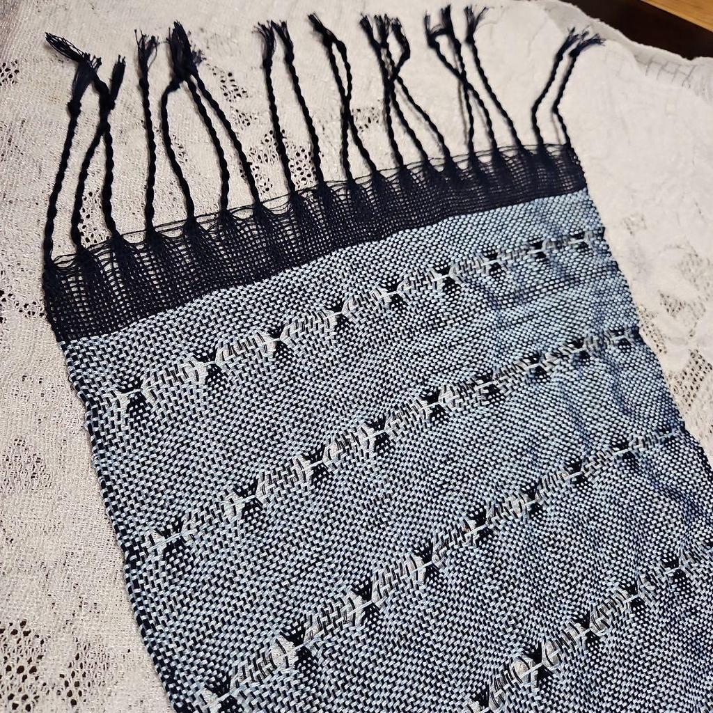 Used New, hand-woven indigo-dyed stole, silk and cotton lace weave