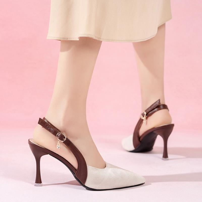 

2025 Новые летние женские туфли-босоножки с острым носком и ремешком сзади, обувь на каблуке-рюмочке для вечеринки, выпускного вечера, женские туфли-стилетто 36 бежевый