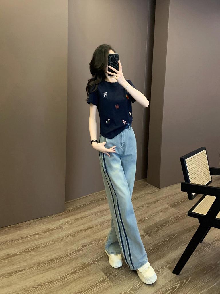 2026 Sommer Damen Trendiges Streetwear Set: Stilvolles Rundhals-Kurzarm-Oberteil & Weitbeinige Jeans