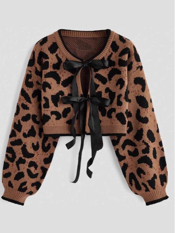 

2025 A/W Leopard Print Loose Knit Sweater with Drawstring - Korean Style Trendy Women s Pullover Small