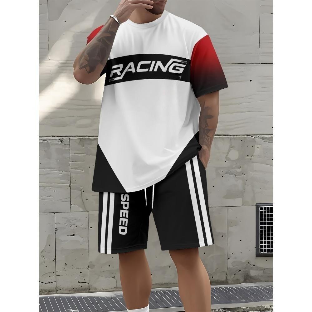 Men's Summer Comfortable Fashionable Colorful Letter Car Pattern 3D Printed 2-piece Set Leisure Sports Style Loose Oversized Breathable Sports Wear