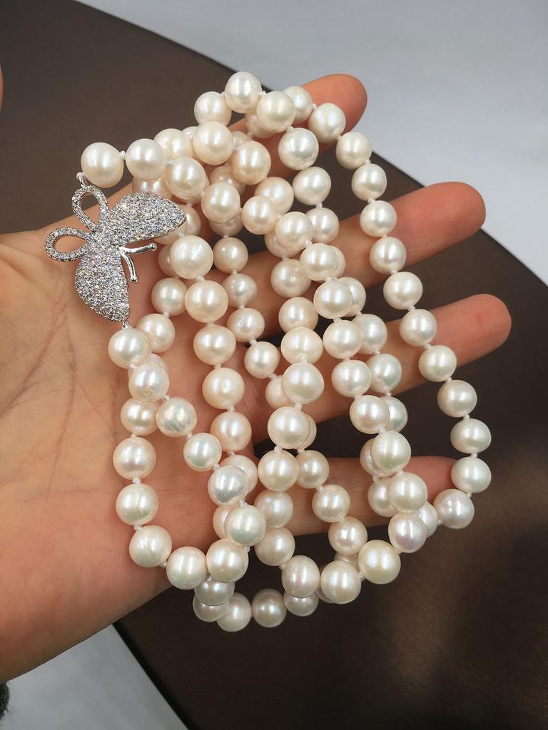 AA-grade 90 Cm Long Freshwater Pearl Necklace 7-8 Mm Round Sweater Pearl with Butterfly Accessories Good Quality Nature Necklace