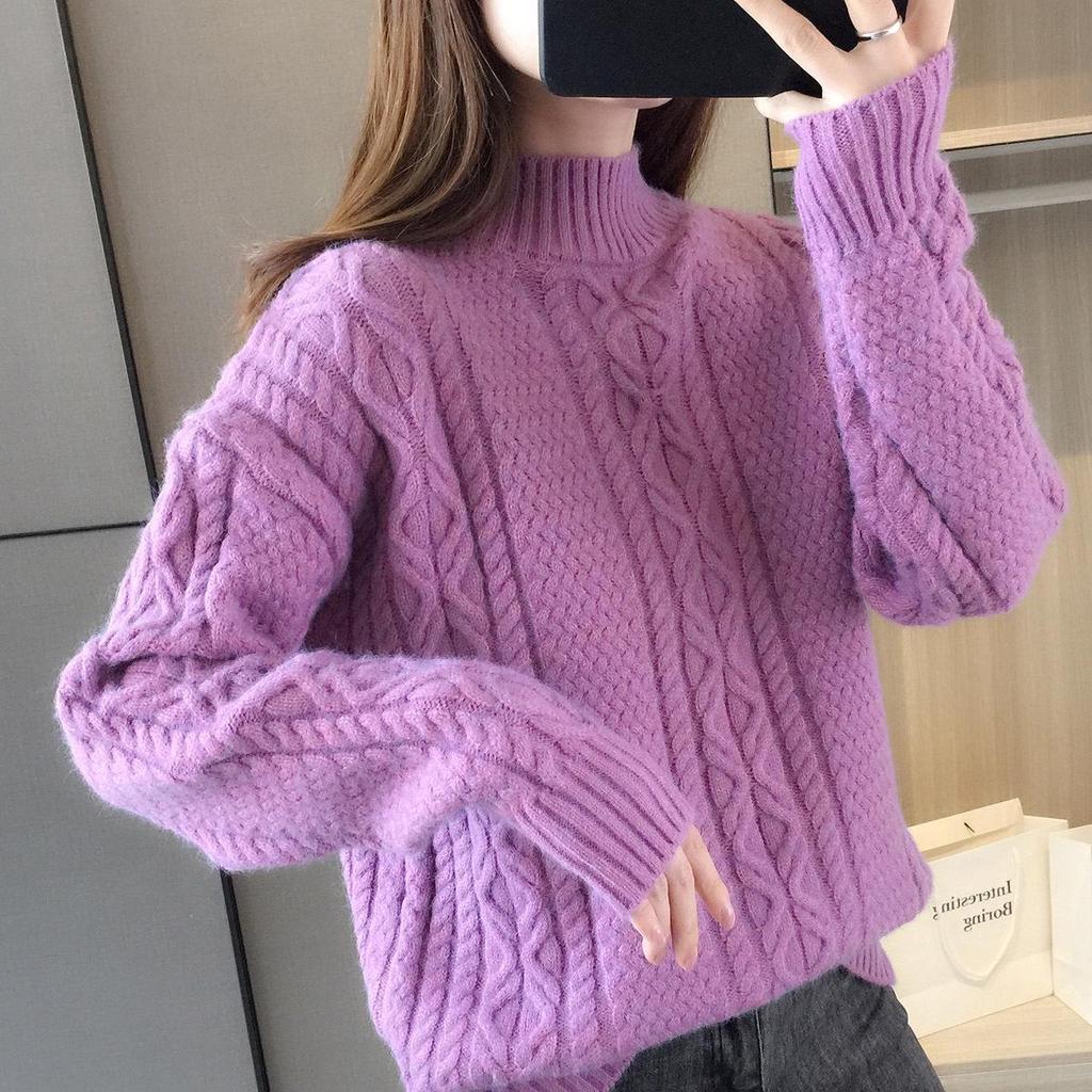 Women's High-Neck Cable Knit Sweater, 2021 Loose Fit Korean Style for Autumn and Winter