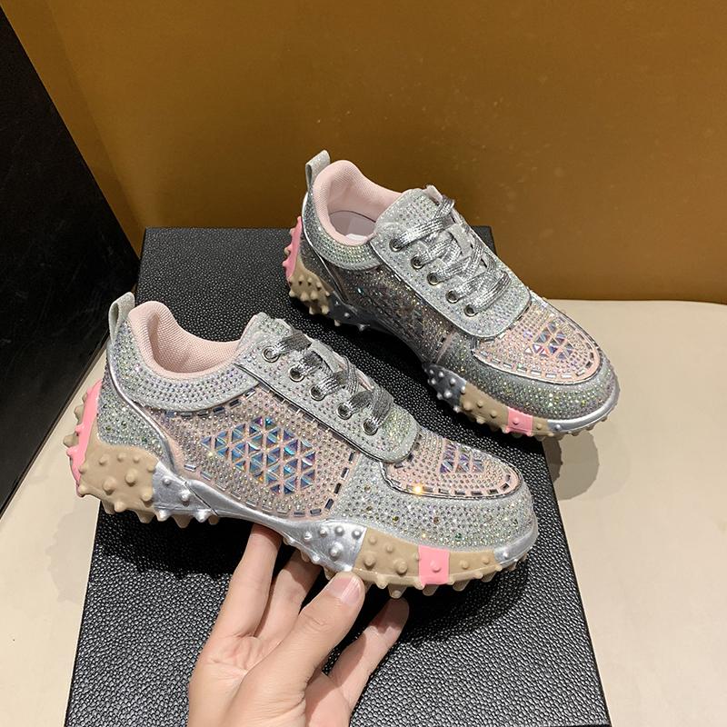 Aphixta Luxury Bling Sequine Sneaker Boots Spring Autumn Lace Up Women Shoes Thick Botton Rubber Sole Footwear Size43