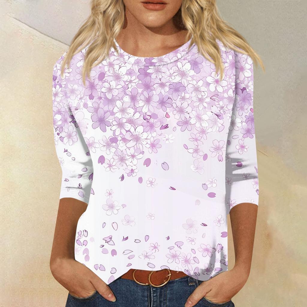 Women's Fashion Casual Round Neck 3/4 Sleeve Loose Printed T-Shirt Ladies Top