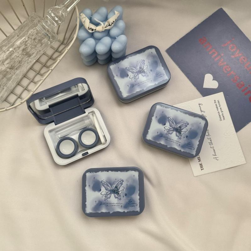 

Portable Vintage Blue Butterfly Contact Lens Storage Case With Mirror Contact Lens Container Box For Travel Outdoor Gift