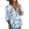 Women's Fashion Printed Henley Button Neck Shirt Three Quarter Sleeve Cotton Linen Blend Casual Top