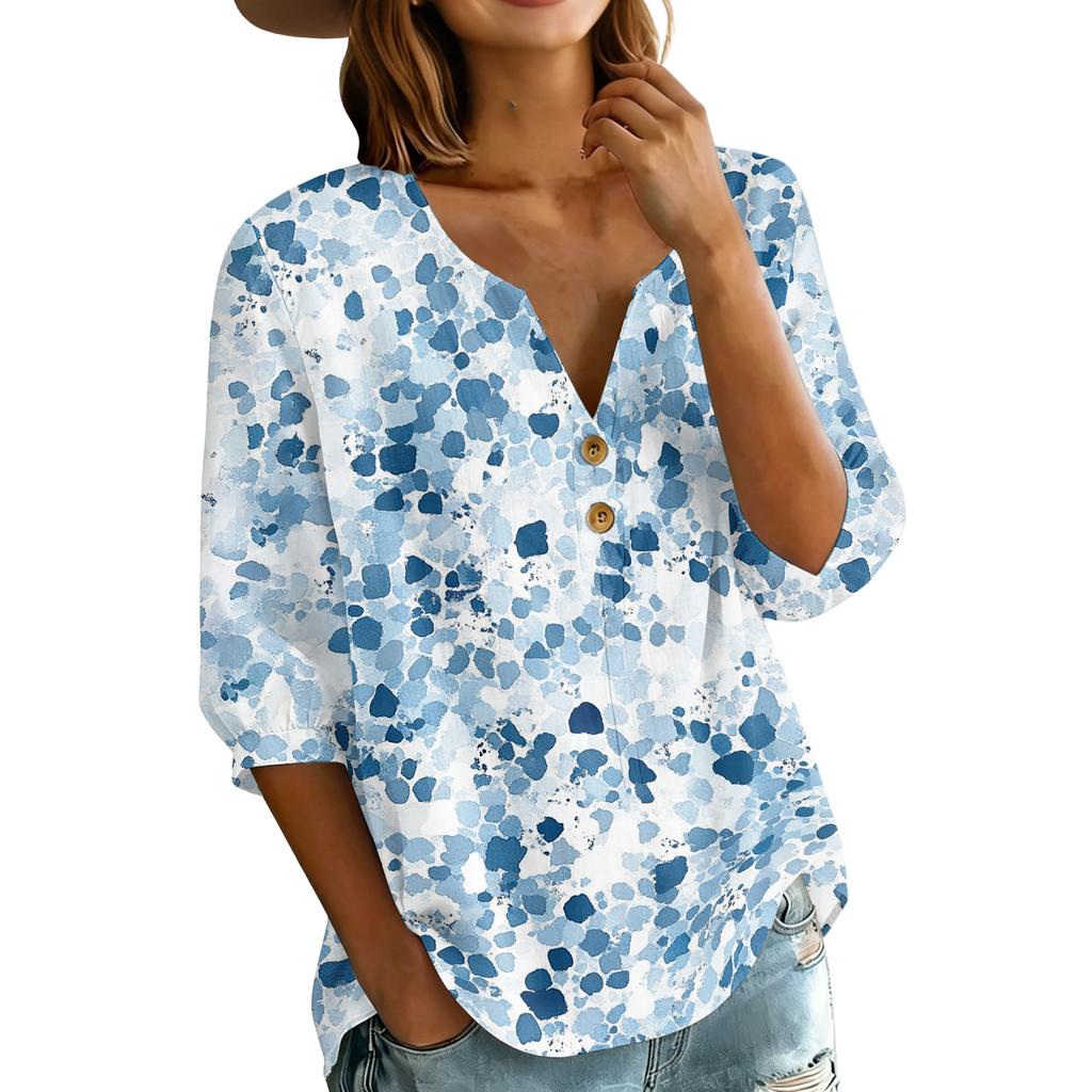 Women's Fashion Printed Henley Button Neck Shirt Three Quarter Sleeve Cotton Linen Blend Casual Top