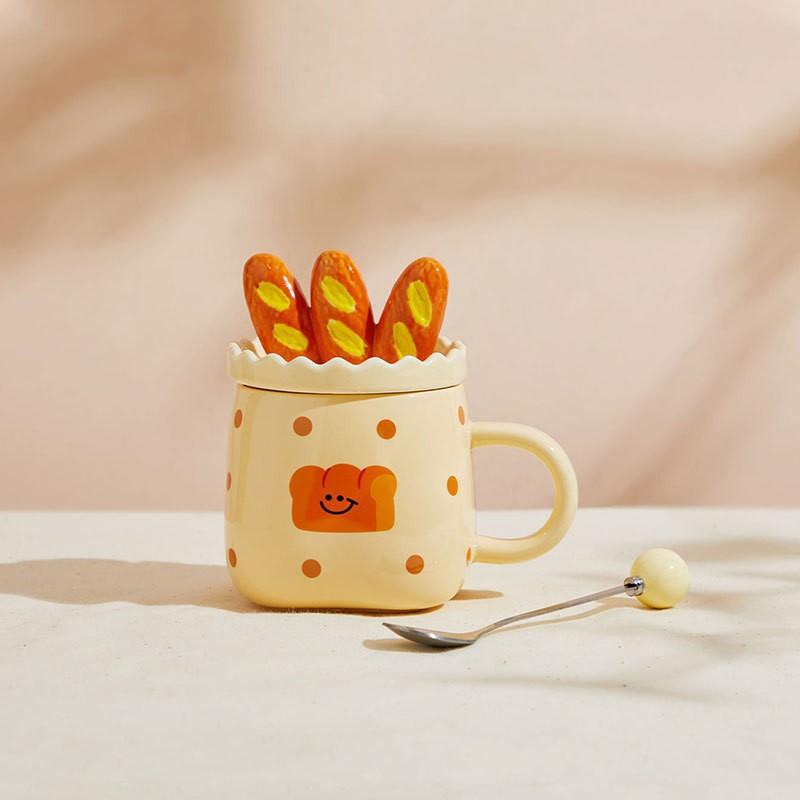 

Creative French bread mug, household milk breakfast cup with lid and spoon, drinking cup, afternoon tea coffee cup 420ml