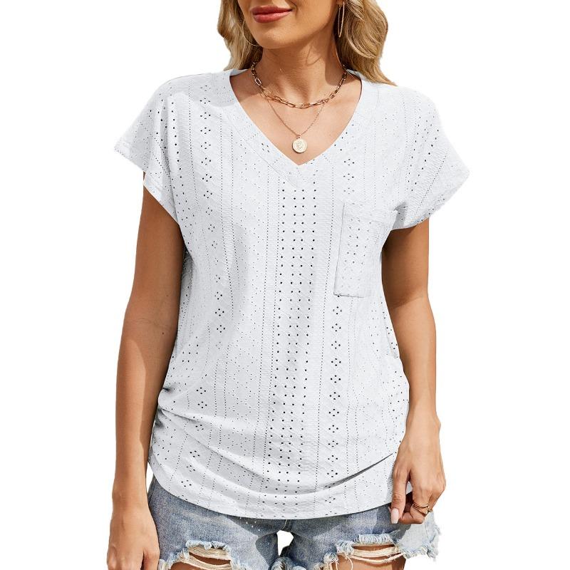 Women's Spring/summer Solid Color V-neck Pocket Short-sleeved T-shirt Top