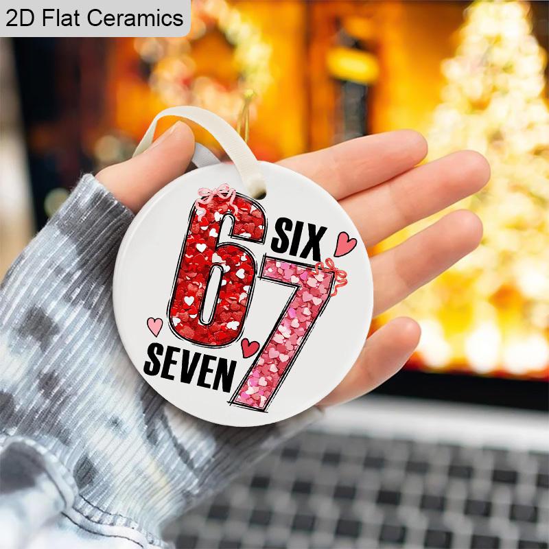 Pink Number '67'Ceramic Ornament, Romantic Valentine’s Day Gift, Christmas Tree Hanging Decor, Backpack Charms,Valentine’s Day Anniversary Keepsake