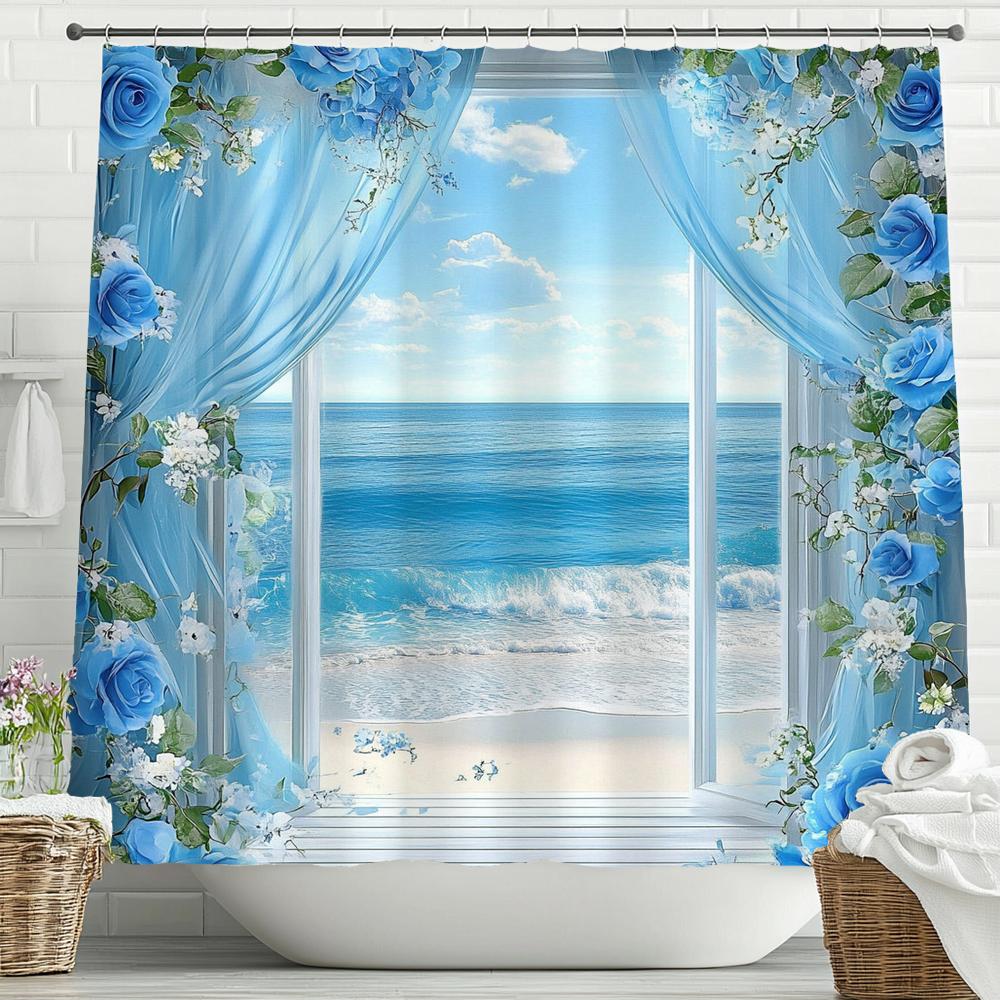 Monika Chen Blue Ocean Beach Scenery Outside The Window Shower Curtain, Bathroom Decorative Shower Curtains, Home Curtain With Hooks