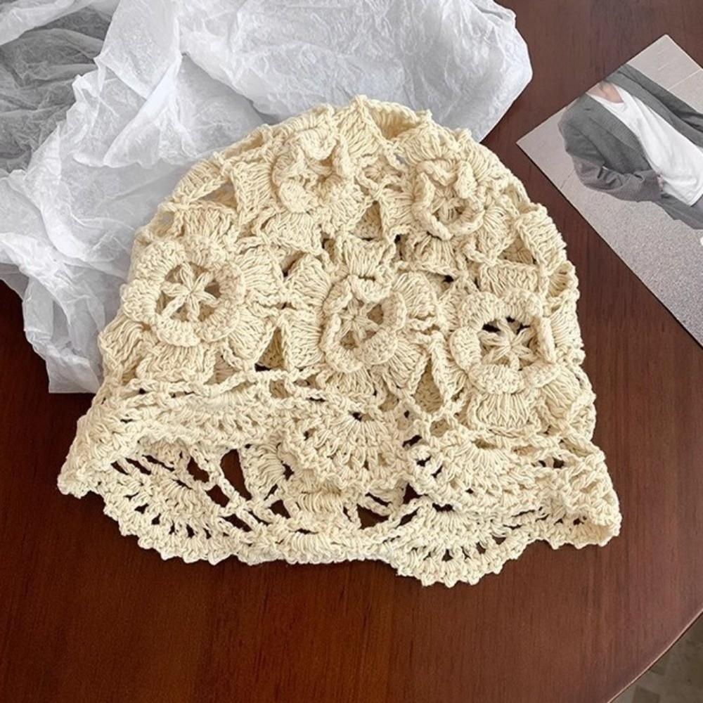 Bohemian Style Hollowed Out Beanie Cap Thin Woven Cap Sweet Crochet Flower Knitted Hat  Ladies