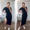 European and American fashion street photography personalized women's round neck high slit long loose T-shirt A-line dress