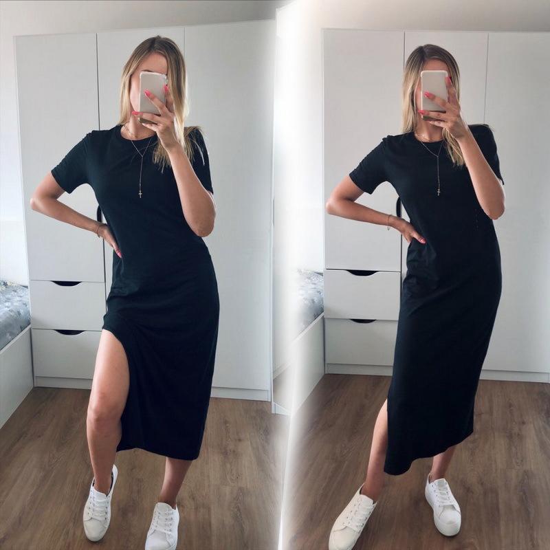 European and American fashion street photography personalized women's round neck high slit long loose T-shirt A-line dress
